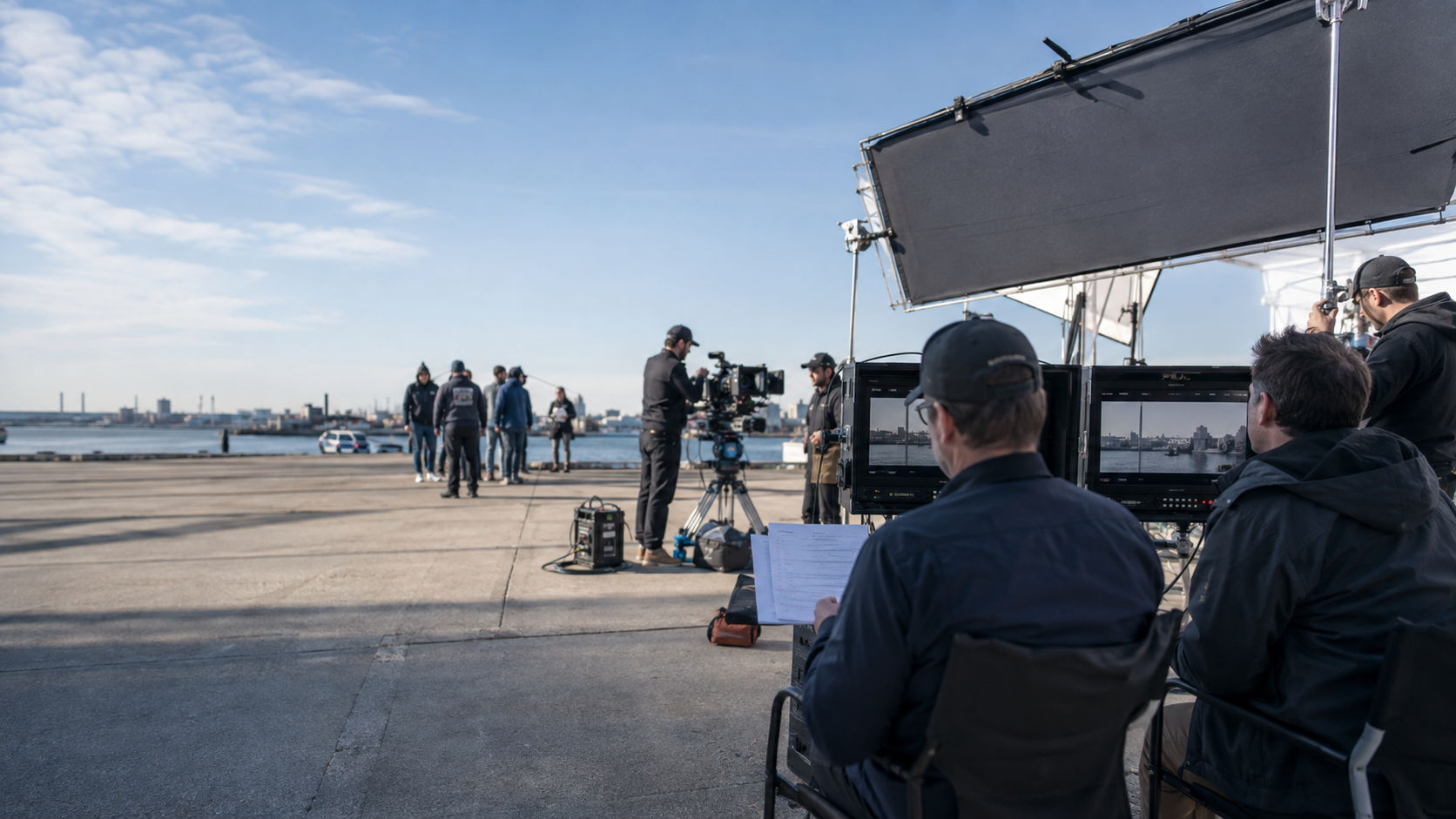 A film production team coordinating a location shoot
